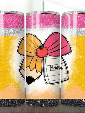 Personalized Pink and Yellow Teacher-Themed Tumbler - Custom Name